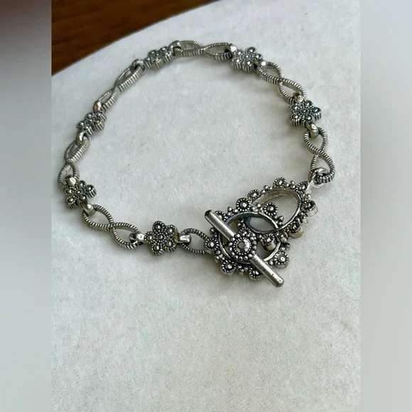 Vintage-Inspired Silver Floral Bracelet w/ Marcasite Accents & Toggle Clasp - Picture 8 of 10